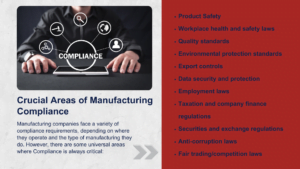 Key compliance areas in manufacturing to ensure safety, quality, and regulation.